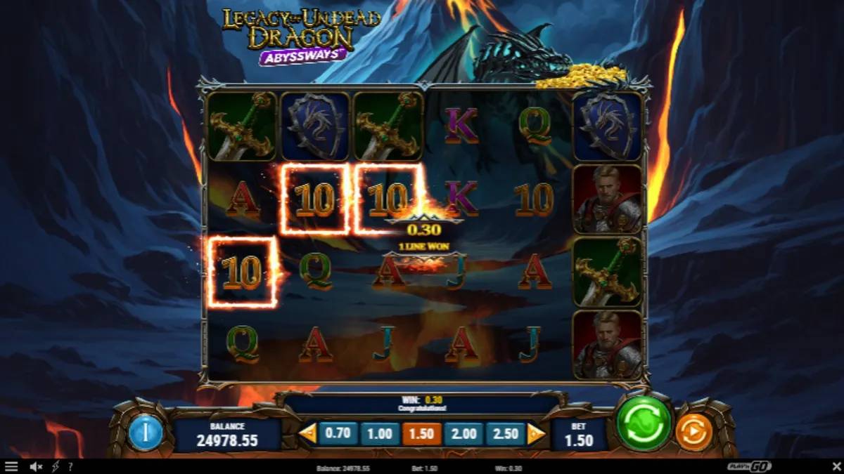 Tampilan visual slot Legacy of Undead Dragon Abyssways dengan naga dan ksatria